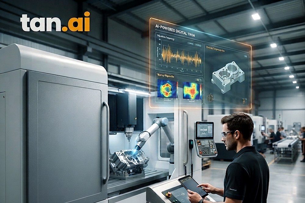 tan.ai digital twin running beside a CNC machining cell, showing vibration and thermal analysis