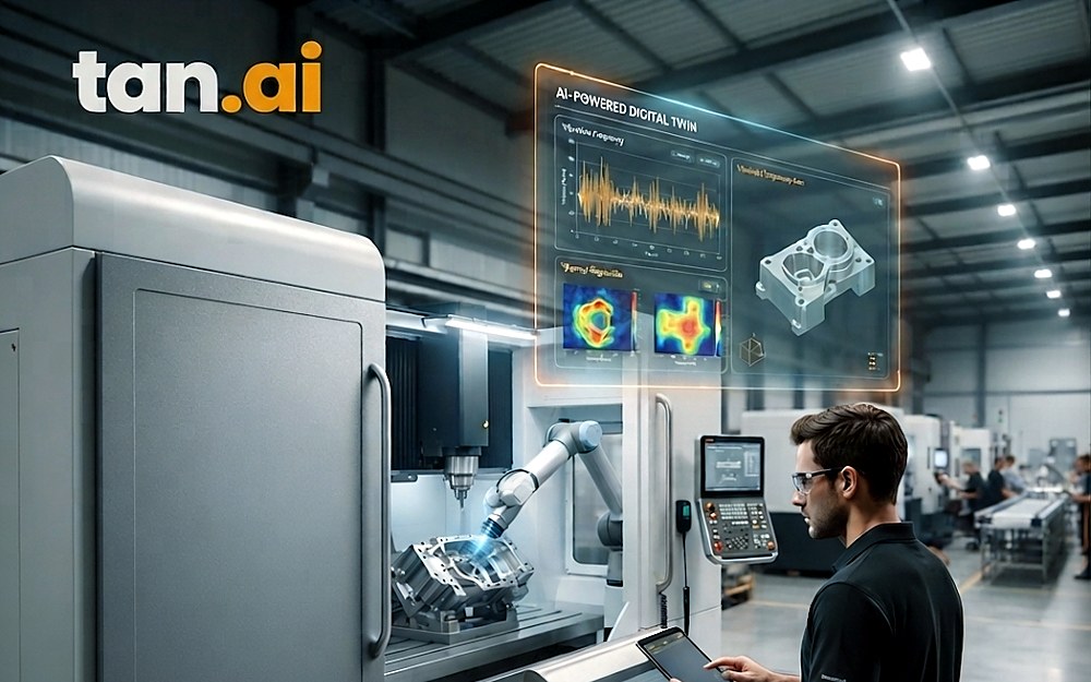 tan.ai digital twin overlay showing vibration frequency, thermal maps and part geometry beside a live machining cell